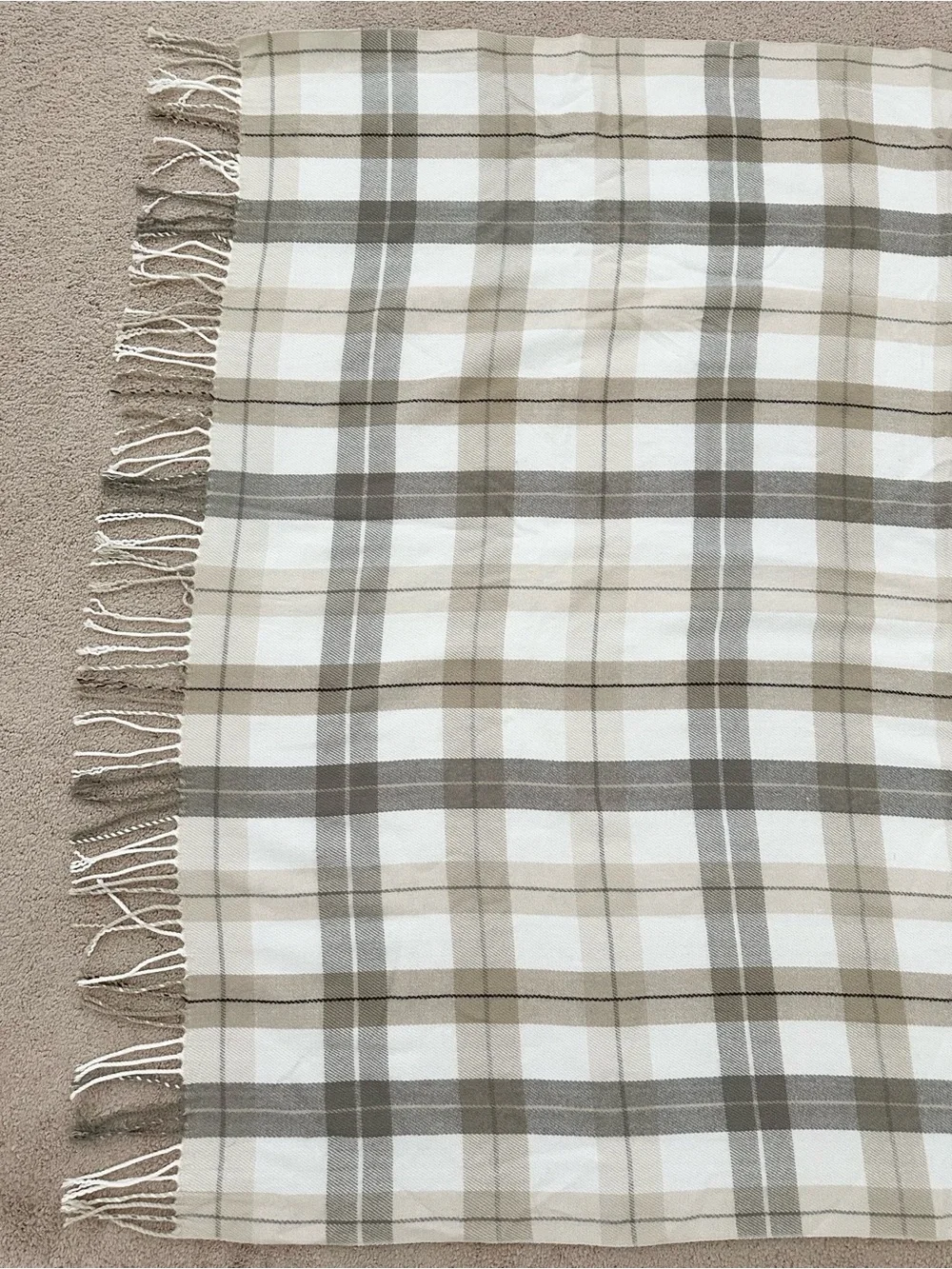 Fall Plaid Fringe Throw Blanket - Beige, Cream & Tan - Fall Harvest Decor